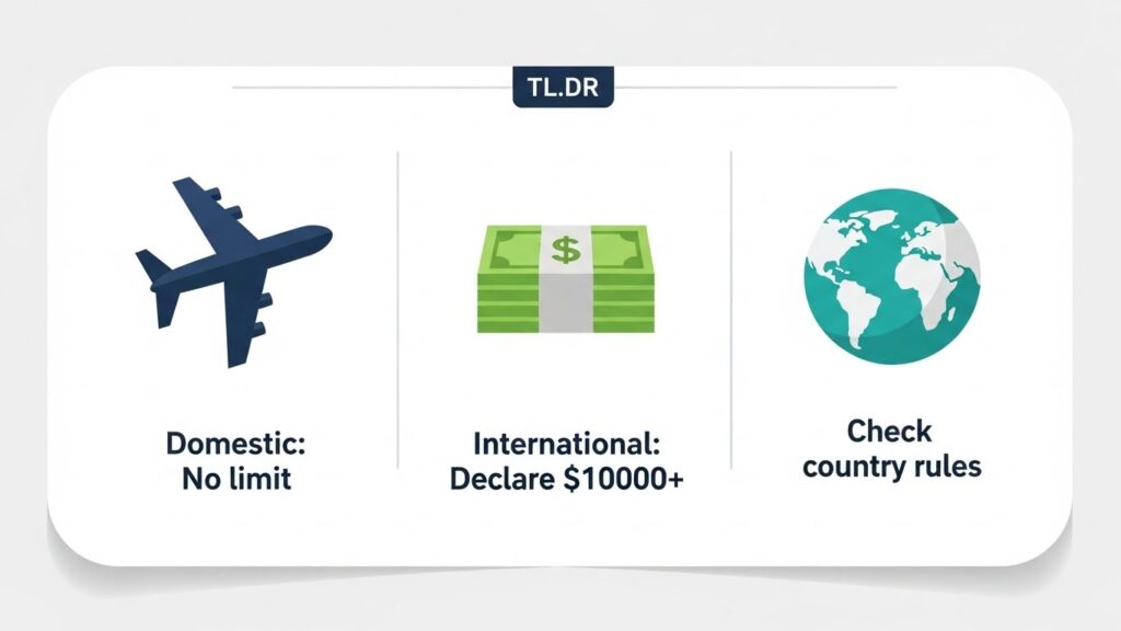 Simple infographic Domestic no limit, International declare $10,000+, check rules.