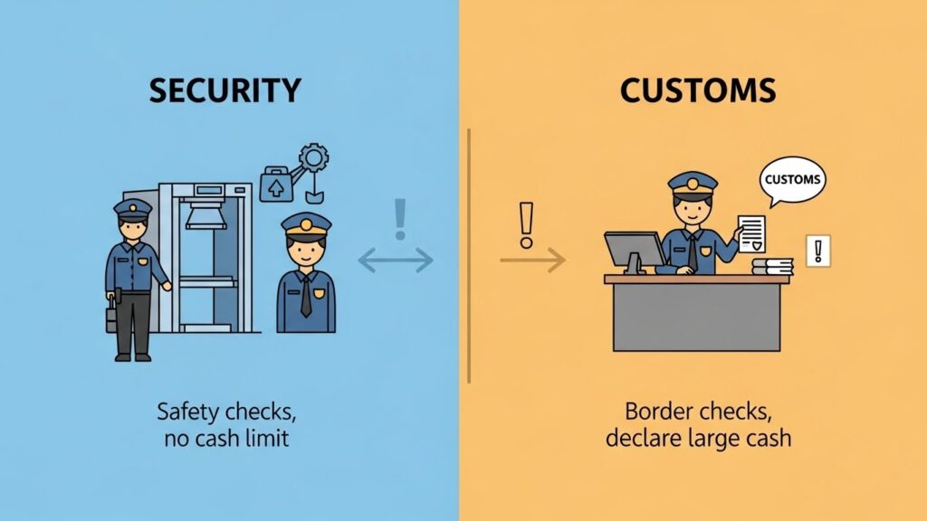 Split graphic comparing airport security and customs responsibilities.